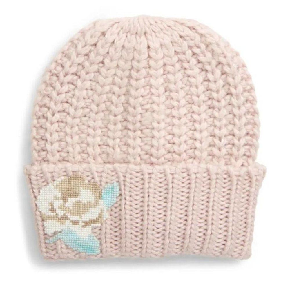 Free People Pink Knit Beanie with Floral Detail
